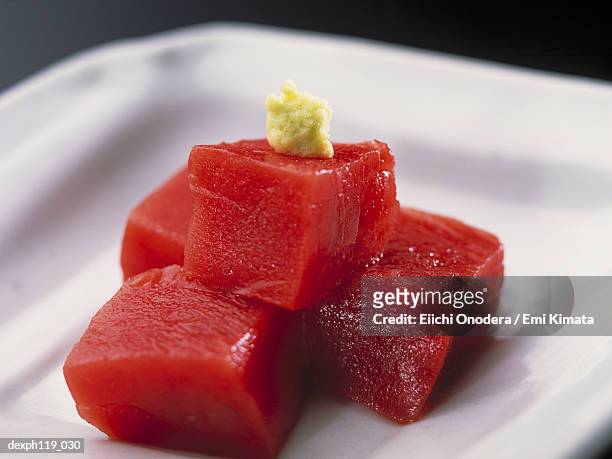 plate of sashimi (raw fish) - wasabi sauce stock pictures, royalty-free photos & images