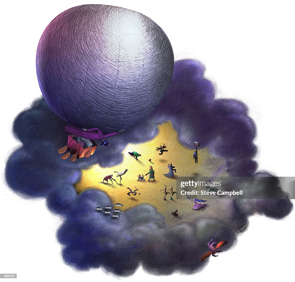 Man & Balloon Flying over Crowd