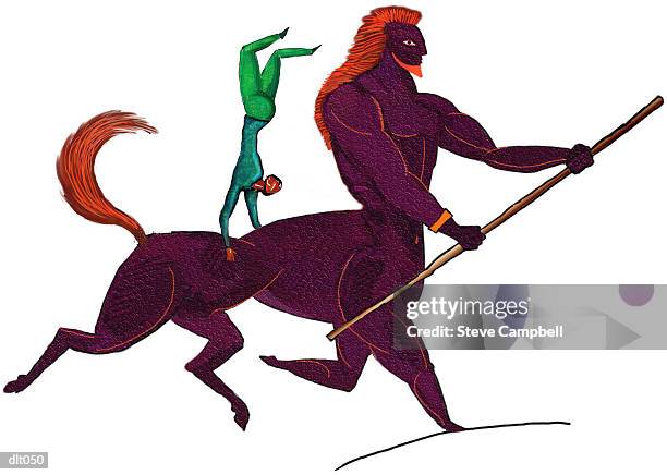 ilustraciones, imágenes clip art, dibujos animados e iconos de stock de man doing handstand on centaur - trots