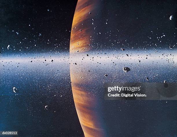 saturn from one of its rings, space art - saturn planet stock-grafiken, -clipart, -cartoons und -symbole