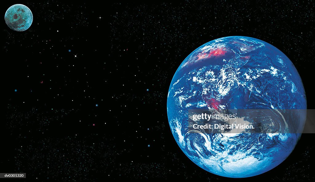 Earth with moon and star background