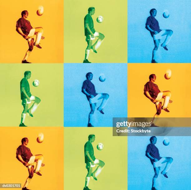 grid of soccer player bouncing ball off knee - kick ups stock pictures, royalty-free photos & images