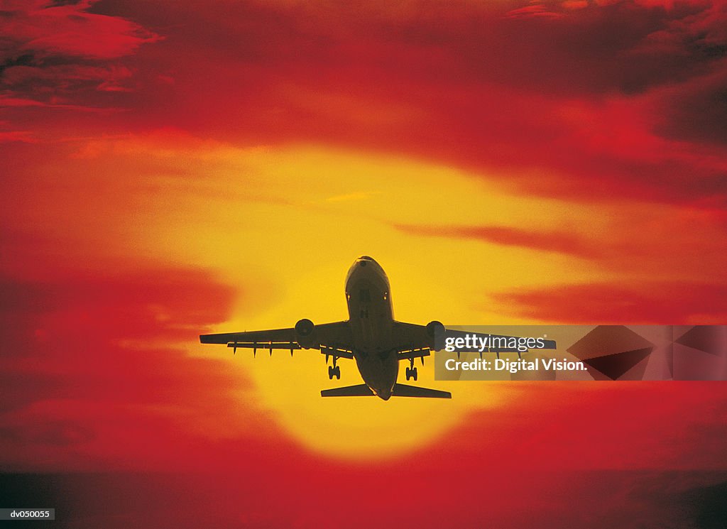 Silhouette of plane ascending at sunset