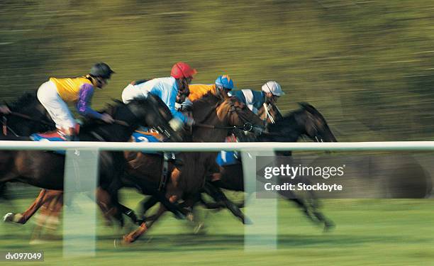 horses in race - racing silks fotografías e imágenes de stock