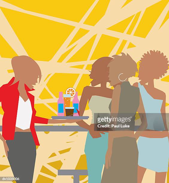 young woman holding a tray of drinks standing next to three other women - luke stock-grafiken, -clipart, -cartoons und -symbole