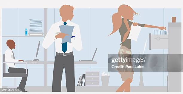 ilustrações de stock, clip art, desenhos animados e ícones de young businessman looking sideways at a young businesswoman by a filing cabinet - business woman desk stand