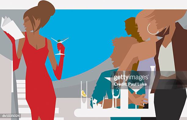 young adults in a nightclub looking at an elegant young lady holding a cocktail - sideways glance stock illustrations stock illustrations