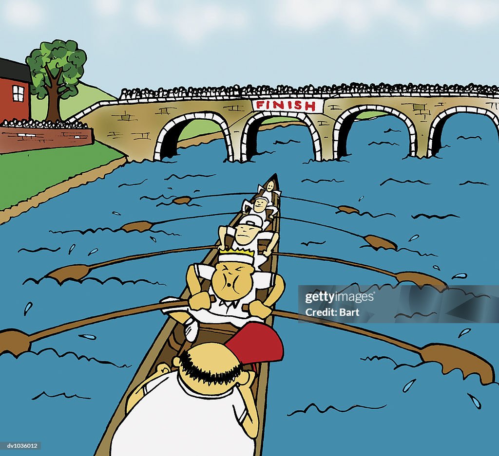 Five Men Sculling on the River With a Large Group of Supporters in the Background
