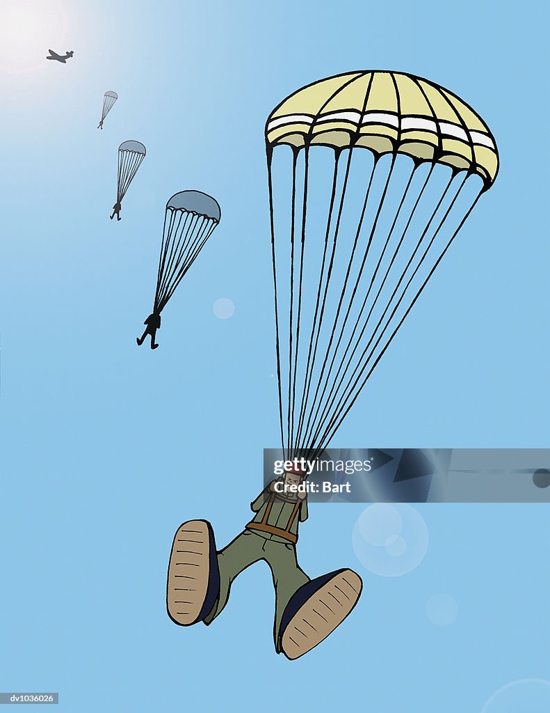 Four People Parachuting From An Aeroplane