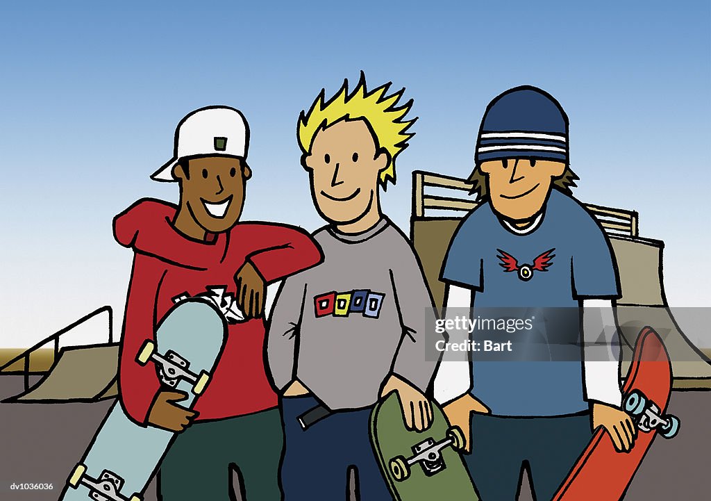 Portrait of Three Boys Holding Skateboards in a Skatepark