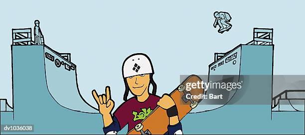 stockillustraties, clipart, cartoons en iconen met portrait of a boy holding a skateboard standing in front of a half pipe ramp - lexus cup of china 2014 isu grand prix of figure skating day 3