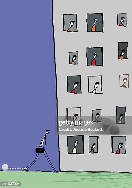 illustrations, cliparts, dessins animés et icônes de businessman walking to his office building wearing a ball and chain - tâche fastidieuse