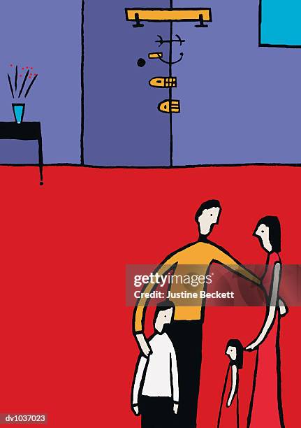 family standing with their arms around each other behind a locked door - chain lock stock illustrations