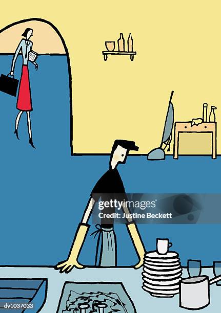 househusband doing the washing up as a businesswoman arrives home - mid adult couple stock illustrations