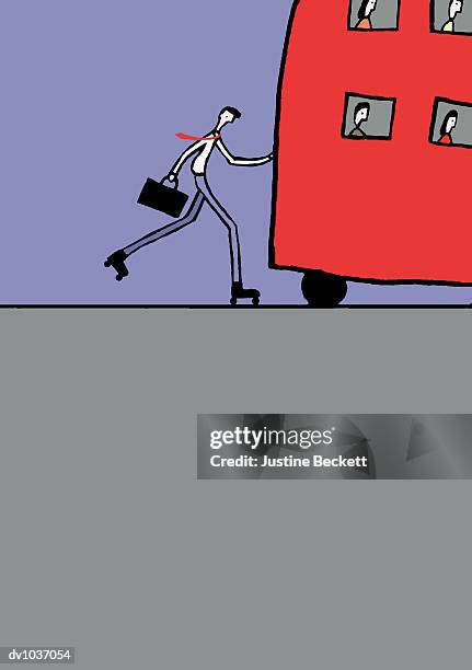 businessman on roller skates holding onto a double decker bus - decker stock illustrations