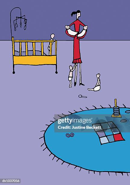 mother standing in a nursery caring for her quintuplets - quintuplets stock illustrations