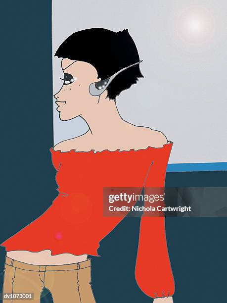 young woman listening to music on her headphones - sideways glance stock illustrations stock illustrations