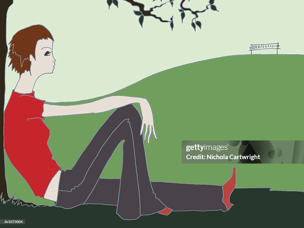 Young Woman Sitting Against a Tree Trunk and Looking at a Distant Barn