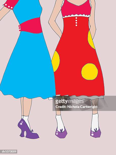 two young women wearing 1960s dresses - 1960 2005 stock illustrations