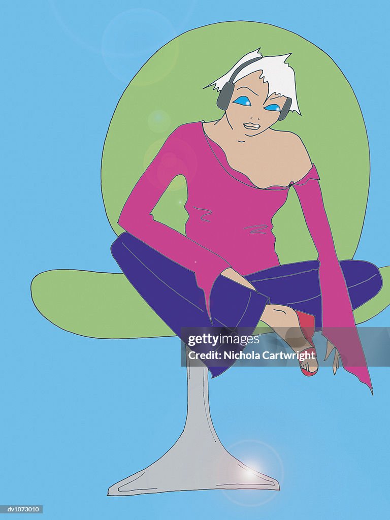 Portrait of a Young Woman Sitting in An Armchair and Wearing Headphones
