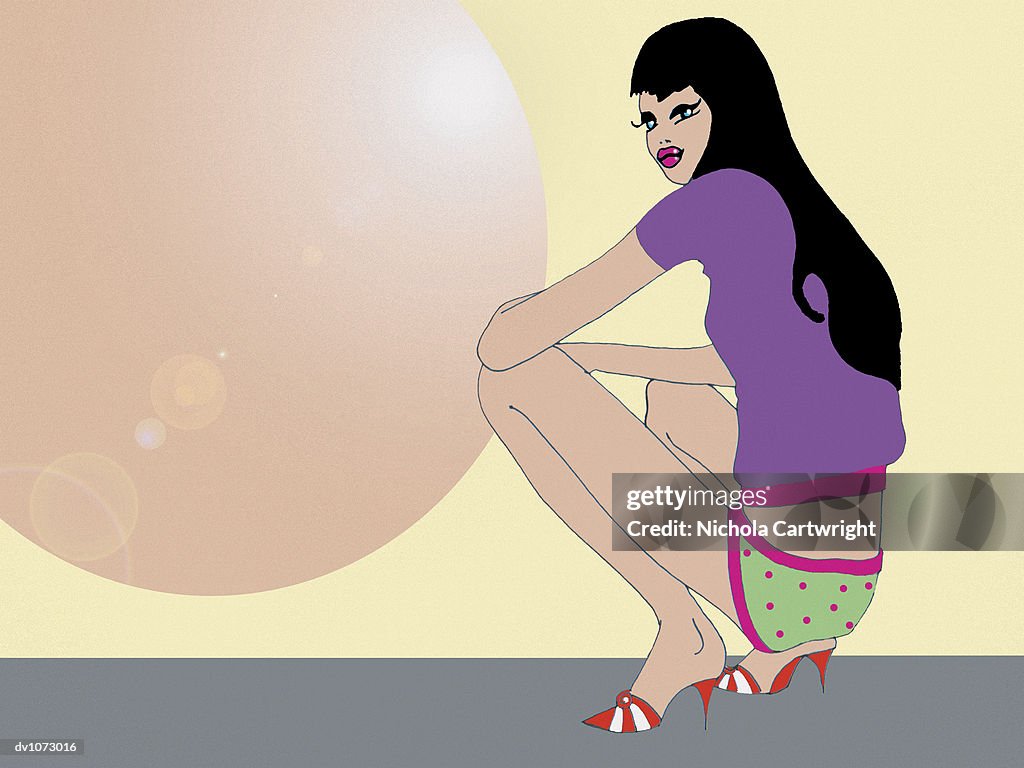 Young Woman Crouching Wearing a Jumper, Knickers and High Heels