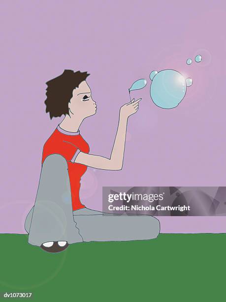 seated young woman blowing bubbles from a bubble wand - woman blowing soap bubbles stock illustrations