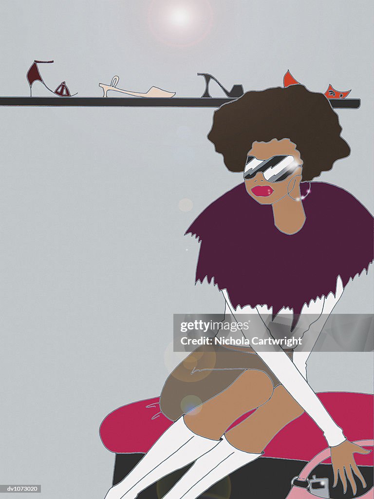 Young Woman in Sunglasses Reaching for Her Handbag in a Shoe Shop