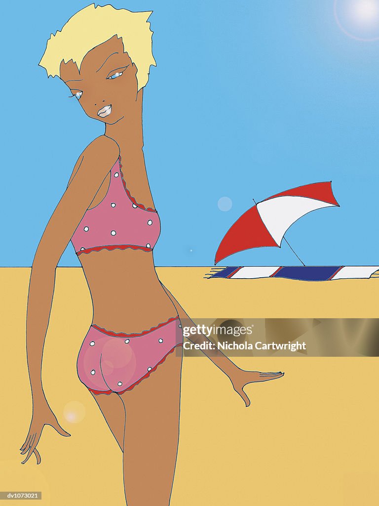 Young Woman Looking Around Standing on the Beach in the Sunlight