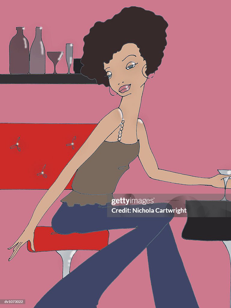 Portrait of a Young Woman Sitting on a Stool in a Bar