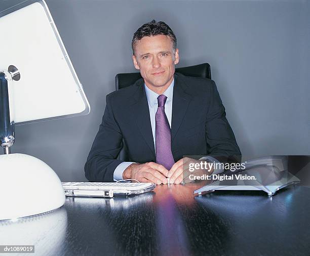 portrait of a mature ceo sitting at his desk - estroboscópio circular imagens e fotografias de stock