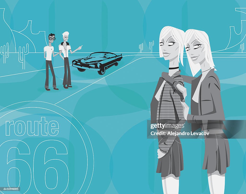 Two Young Men Trying to get Two Young Women to Hitchhike in their Car on Route 66