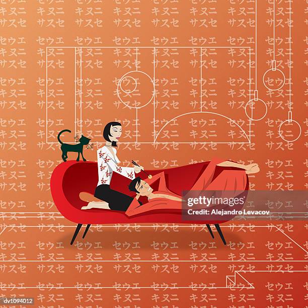 young woman feeding a man on a sofa with japanese food using chopsticks - pampered pets stock illustrations