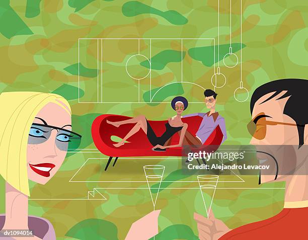 couple making a champagne toast in front of a couple sitting on a sofa - couple drinking champagne stock illustrations