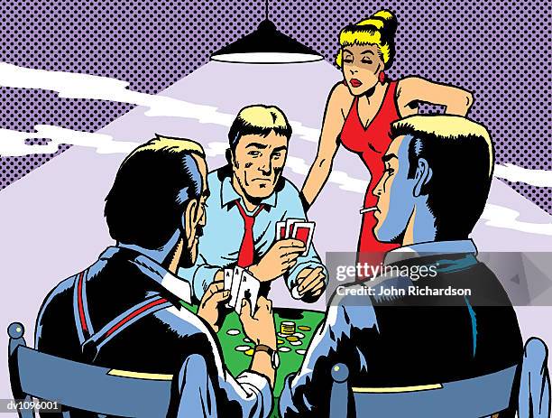 ilustraciones, imágenes clip art, dibujos animados e iconos de stock de three men playing cards around a table as a woman watches - mujer con grupo de hombres