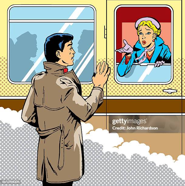 woman on a passenger train waving goodbye to a man - travel2 stock illustrations