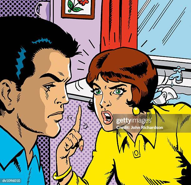 married woman arguing with her husband in the kitchen - mid adult couple stock illustrations