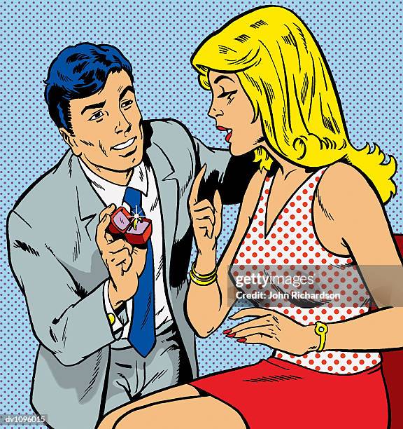 kneeling man giving an engagement ring to a woman - engagement ring stock-grafiken, -clipart, -cartoons und -symbole