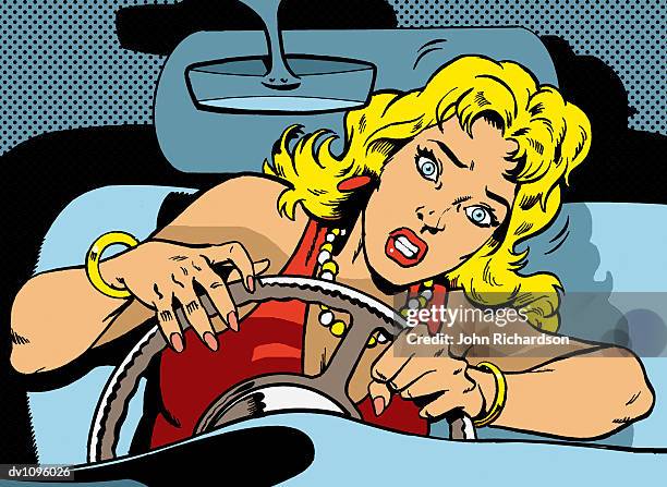 stockillustraties, clipart, cartoons en iconen met portrait of a young woman struggling to drive a car - bestuurdersstoel