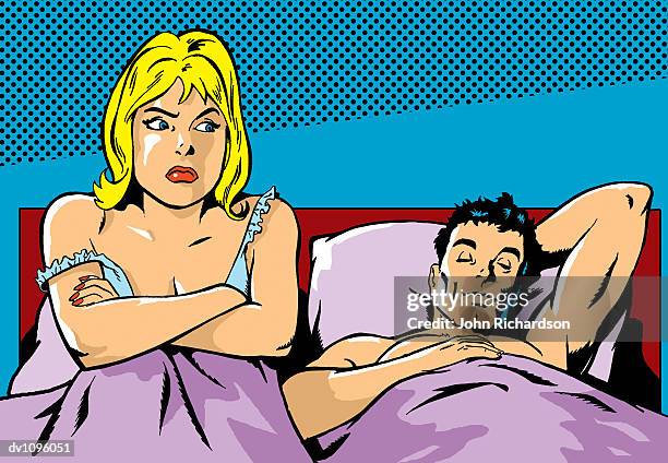 woman sitting in bed with her arms crossed as a man sleeps - bed male stock illustrations