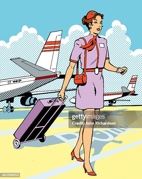 air stewardess walking with her baggage on an airport runway - travel2 stock illustrations