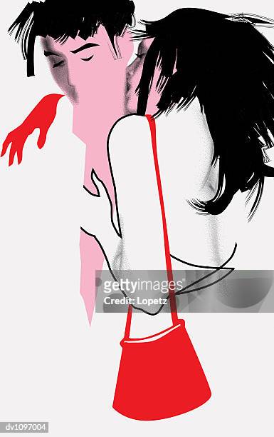 ilustraciones, imágenes clip art, dibujos animados e iconos de stock de young woman kissing a young man with her arm around him - isolated colour
