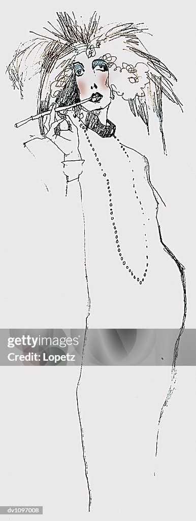 Portrait of a Young Woman Wearing 1930s Clothing and Smoking a Cigarette With a