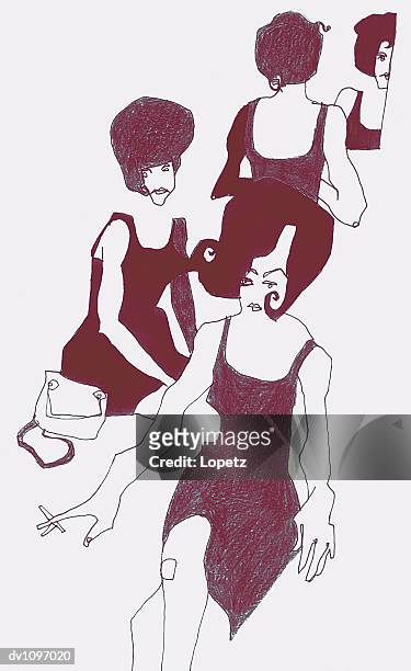three young women in 1960s clothing - 1960 2005 stock illustrations