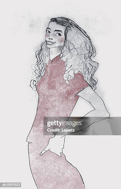 portrait of a young woman standing with her hands on her hips - isolated colour stock-grafiken, -clipart, -cartoons und -symbole