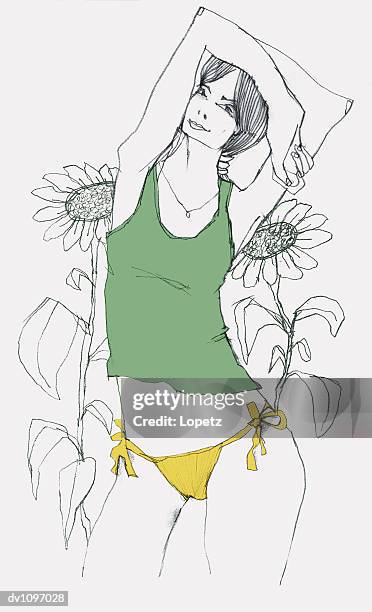 portrait of a young woman in a vest and bikini bottoms stretching in front of sunflowers - isolated colour stock illustrations