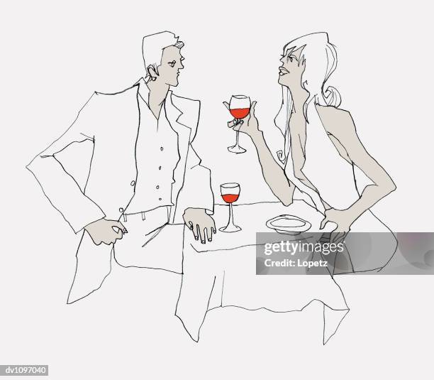 ilustraciones, imágenes clip art, dibujos animados e iconos de stock de young man and a woman sitting at a restaurant table and drinking red wine - isolated colour