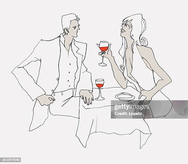 young man and a woman sitting at a restaurant table and drinking red wine - isolated colour stock illustrations