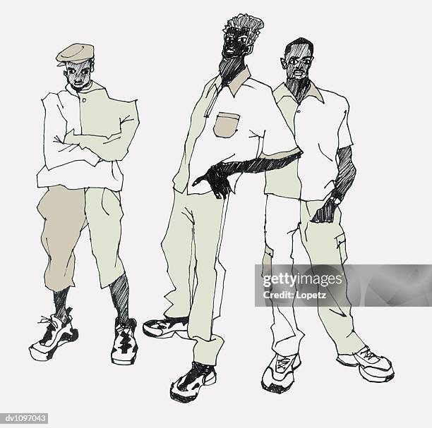 ilustraciones, imágenes clip art, dibujos animados e iconos de stock de portrait of three young men standing in similar clothing - isolated colour