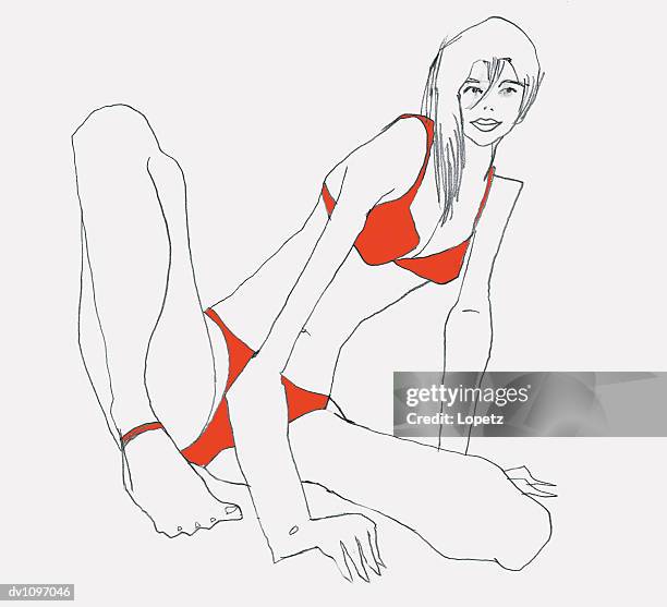 ilustraciones, imágenes clip art, dibujos animados e iconos de stock de portrait of a young woman wearing red underwear - isolated colour