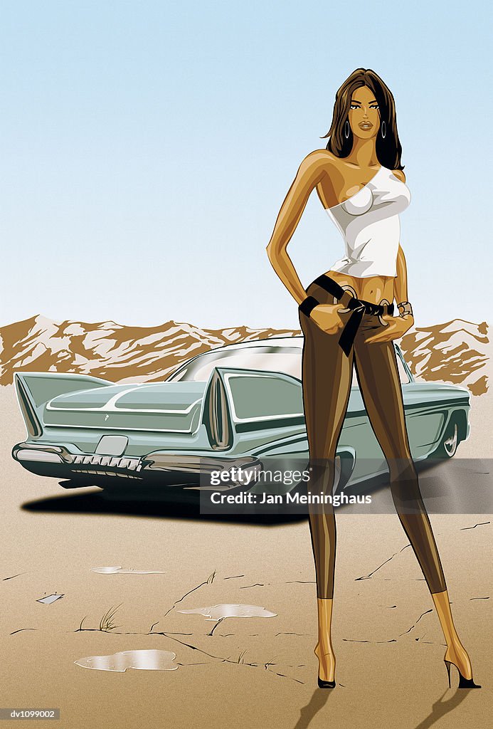 Portrait of a Stylish Young Woman Standing in a Desert in Front of a 1950's Car